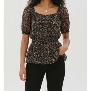 Willow & Root Women’s Floral Ruched Mesh Peplum Top Size Small Sheer Blouse